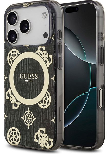 iPhone 17 Pro Uyumlu Kılıf Guess Lisanslı M-Safeli Iml Peony ve 4g Desenli Klasik Logolu Kapak Siyah