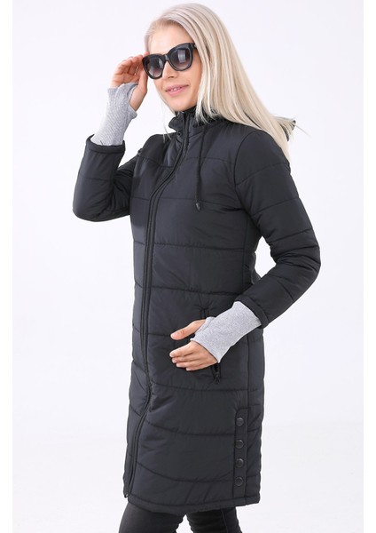 Kışlık Kapüşonlu Uzun Kadın Şişme Mont