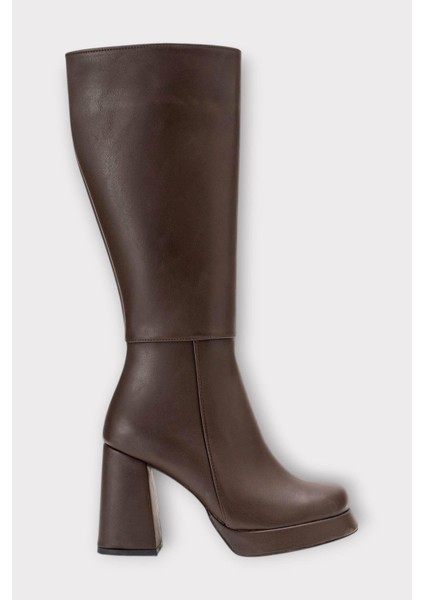 Platform Topuk Fermuarlı Kadın Çizme Kahverengi