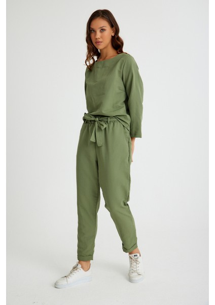 Keten Günlük Rahat Beli Kemerli Kadın İkili Takım Alt Üst