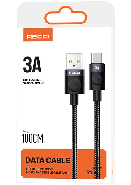 RS50C Usb-A To Type-C Örgü Tasarımlı Hızlı Şarj Özellikli Data ve Şarj Kablosu 1m Siyah