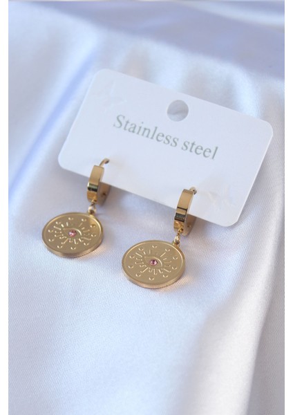 316L Çelik Gold Renk Göz Işleme Zirkon Taş Detay Kadın Küpe - Lisinya