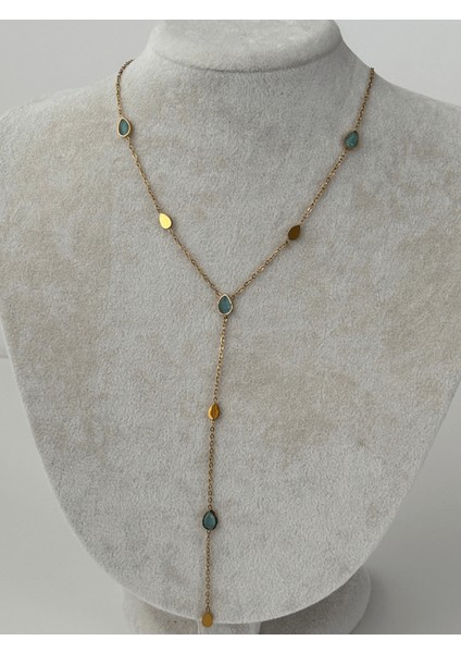 Mavi Damlalı ve Altın Detaylı Gold Y Kolye