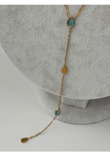 Mavi Damlalı ve Altın Detaylı Gold Y Kolye