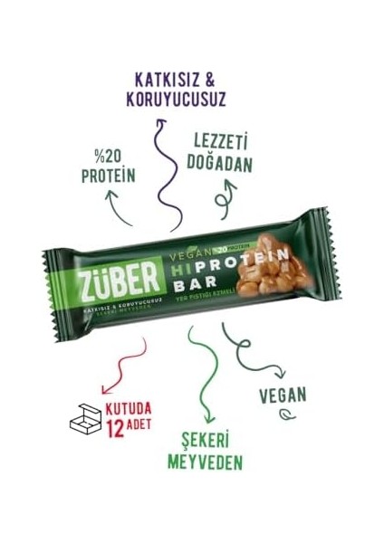 Züber Yüksek Protein Vegan Bar Fıstık Ezmeli, 45GR, 12 Adet modelleri