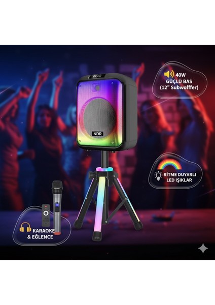 NDR-102B | 40W Güçlü 12" Bass Bluetooth Hoparlör | Kablosuz Karaoke Mikrofonlu | Rgb LED Işıklı Parti Ses Sistemi