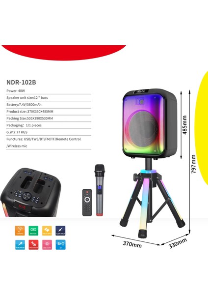 NDR-102B | 40W Güçlü 12" Bass Bluetooth Hoparlör | Kablosuz Karaoke Mikrofonlu | Rgb LED Işıklı Parti Ses Sistemi fiyatları