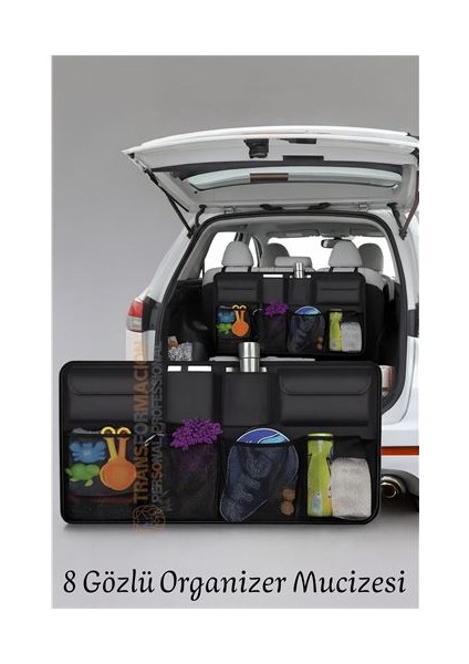 8 Gözlü Araç Koltuk Arkası Organizer – Güçlü Tokalı Cırtlı Ayarlanabilir Tasarım