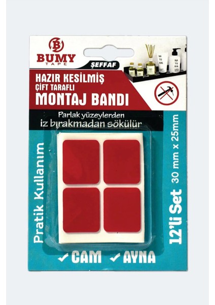 Hazır Kesilmiş Çift Taraflı Vhb Silikon Montaj Bandı 30MM x 25MM Beyaz Şeffaf (12’li Set)