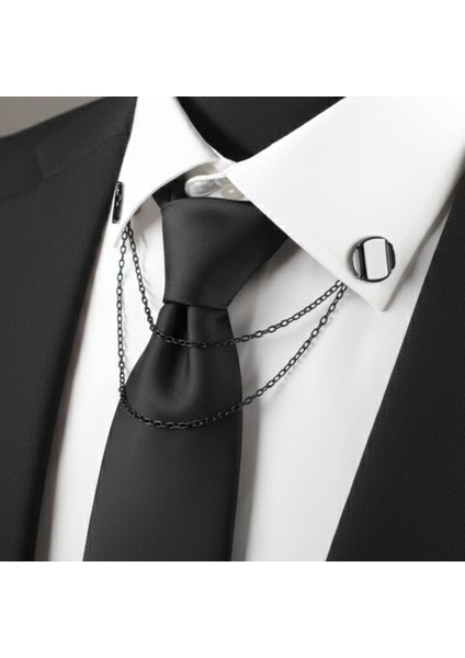 Siyah Yuvarlak Zincirli Gömlek & Ceket & Damatlık & Yaka Iğnesi