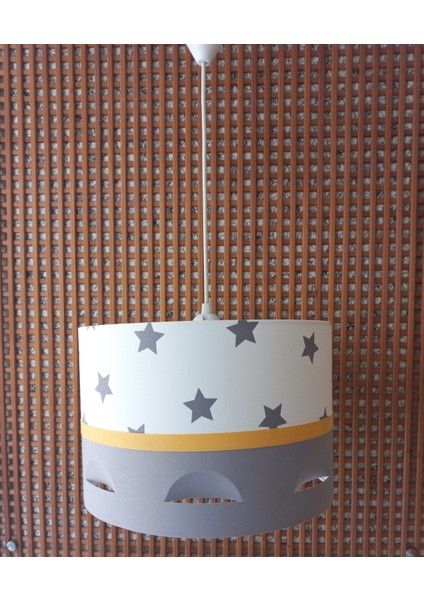 Beyaz Yıldızlı Gri Sarı M-361 Motifli Avize Kumaş Kaplama Çocuk Odası ve Bebek Odası Avize Sarkıt