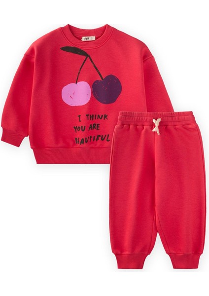 Kiraz Baskılı Sweatshirt Takım 2-10 Yaş Nar Çiçeği