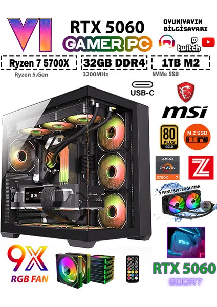 GTA-VI X32 Black ✔ Ryzen 7 5700X 32GB Ram 1TB M.2 Nvme SSD 8GB GDDR7 RTX5060 Ekran Kartı Premium Masaüstü Bilgisayar