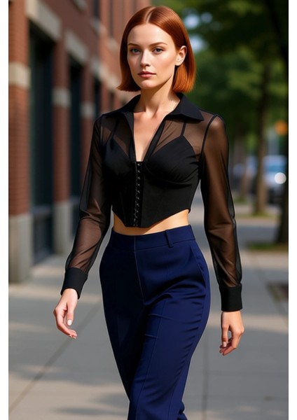 Kadın Için Agraflı Korse Detaylı Şeffaf Kollu Crop Gömlek Modern ve Çekici Bir Görünüm Şık indirimleri