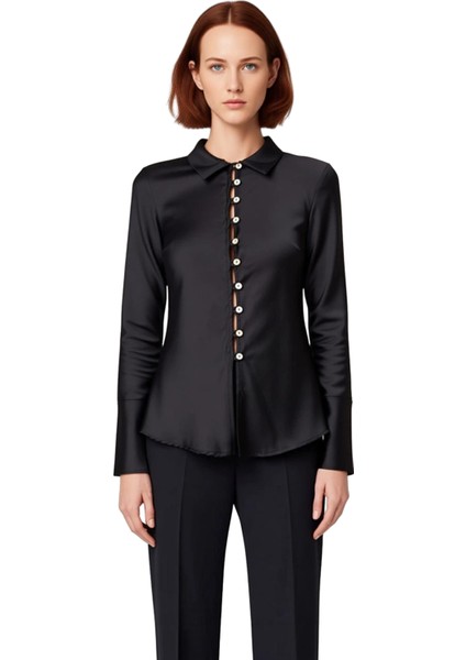 Kadın Düğmeli Detaylı Vücut Hatlarını Belirginleştiren Saten Gömlek Fonksiyonel Dayanıklı Şık