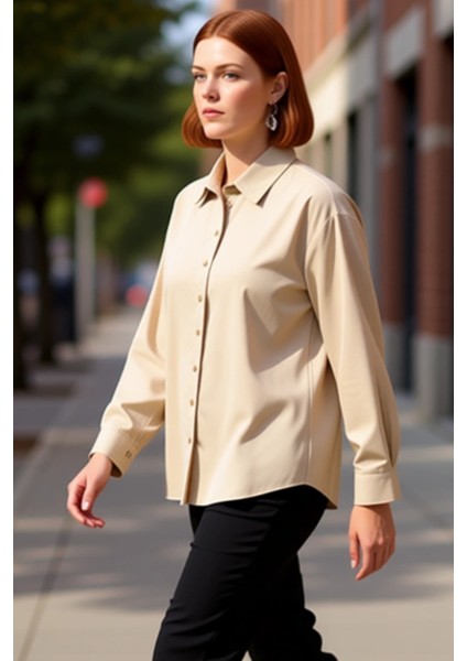 Büyük Beden Kadın Rahat Kesim Uzun Kollu Dokuma Kumaş Düz Desenli Temel Gömlek ve Konforu Şık