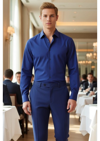 Erkeklerin Günlük ve Özel Anlarda Tercih Edebileceği Mikro Desenli Uzun Kollu Dar Kesim Gömlek