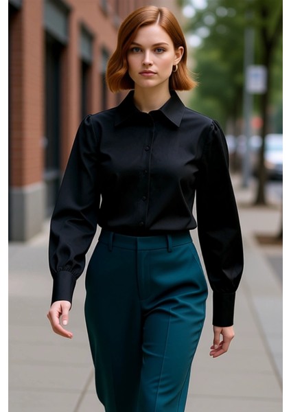 Klasik Gömlek Yaka Balon Kol Düz Renk Pamuklu Dokuma Gömlek Kadın Özel Tasarım Fonksiyonel