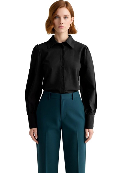 Klasik Gömlek Yaka Balon Kol Düz Renk Pamuklu Dokuma Gömlek Kadın Özel Tasarım Fonksiyonel fırsatları