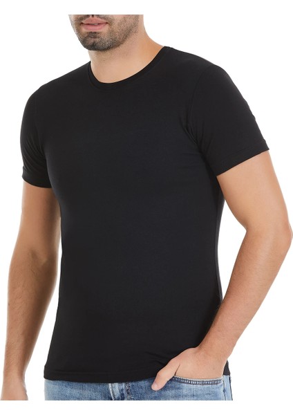 Erkek 4'lü Siyah Sıfır Yaka Kısa Kol Likralı Atlet Tişört