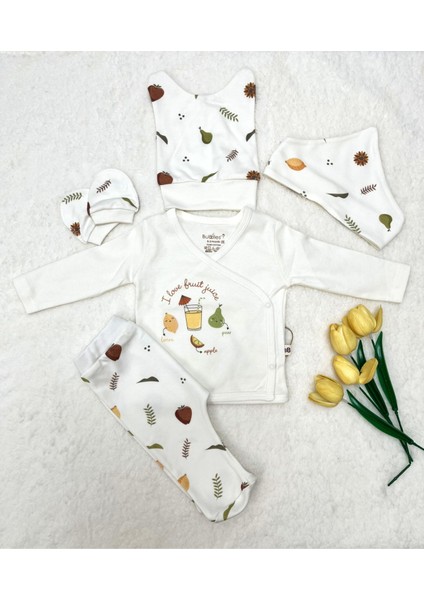 Elma Nakışlı 5li Unisex Hastane Çıkışı Zıbın Seti