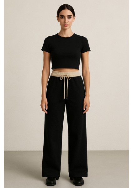 Kadın Siyah Beli Lastikli Pantolon - 10836