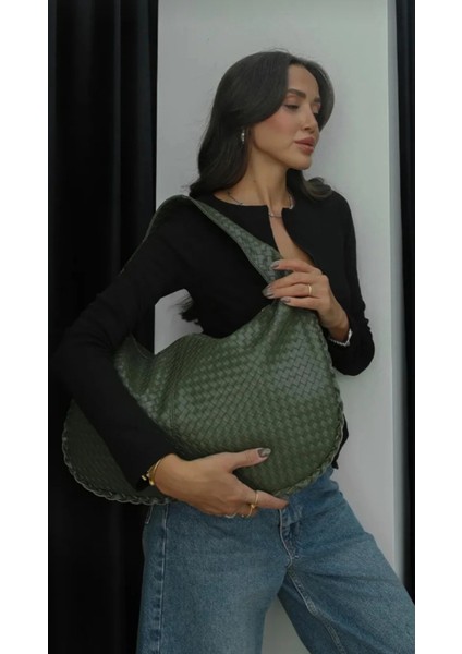 Örgü Desenli Haki Renk Büyük Boy Salaş Günlük Kullanımlı Omuz Çantası fiyatları