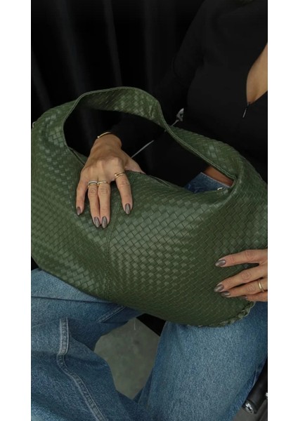 Örgü Desenli Haki Renk Büyük Boy Salaş Günlük Kullanımlı Omuz Çantası modelleri
