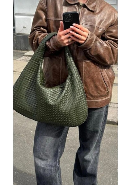 Örgü Desenli Haki Renk Büyük Boy Salaş Günlük Kullanımlı Omuz Çantası fırsatları