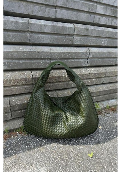 Örgü Desenli Haki Renk Büyük Boy Salaş Günlük Kullanımlı Omuz Çantası