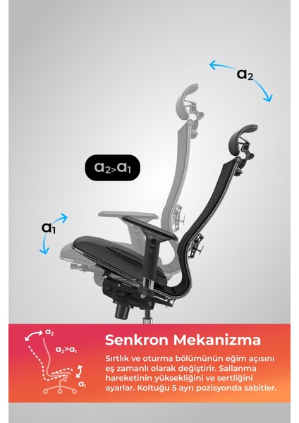 Samurai Ergonomik Koltuk | Bel Destekli, Tekerlekli, Yükseklik Ayarlı, Yönetici Koltuğu - 23.3.5.61 Siyah modelleri