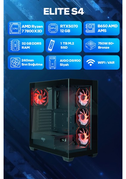 Elite S4 Amd Ryzen 7 7800X3D 32GB Ram 1tb SSD RTX5070 240MM Sıvı Soğutma Freedos Oyuncu OEM Paket