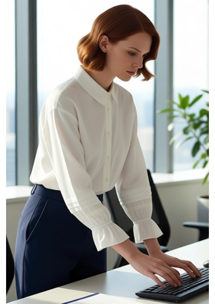 Kadın Dokuma Gömlek Zarif Balon Kol Detayları ve Klasik Yaka Kesimi Ile Şık Görünüm Modern fırsatları