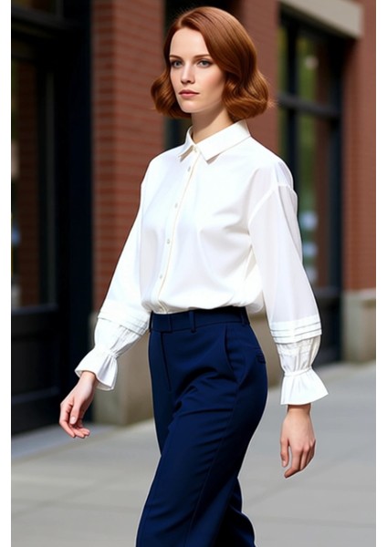 Kadın Dokuma Gömlek Zarif Balon Kol Detayları ve Klasik Yaka Kesimi Ile Şık Görünüm Modern indirimleri