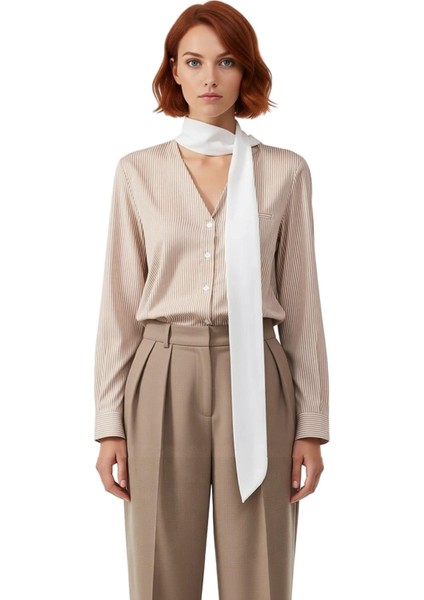 Şık Kadın Gömleği Çizgili Desenli Şal Yaka Detaylı Uzun Kollu Konforlu Dokuma Gömlek Modeli