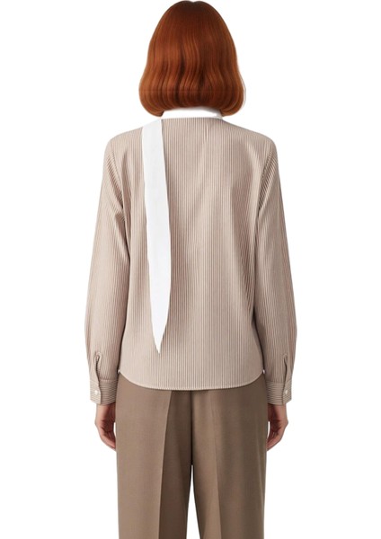 Şık Kadın Gömleği Çizgili Desenli Şal Yaka Detaylı Uzun Kollu Konforlu Dokuma Gömlek Modeli fiyatları