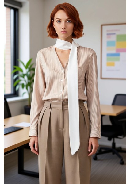 Şık Kadın Gömleği Çizgili Desenli Şal Yaka Detaylı Uzun Kollu Konforlu Dokuma Gömlek Modeli fırsatları