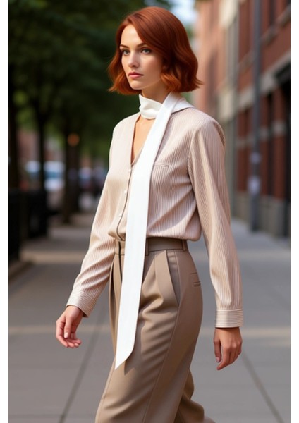 Şık Kadın Gömleği Çizgili Desenli Şal Yaka Detaylı Uzun Kollu Konforlu Dokuma Gömlek Modeli indirimleri