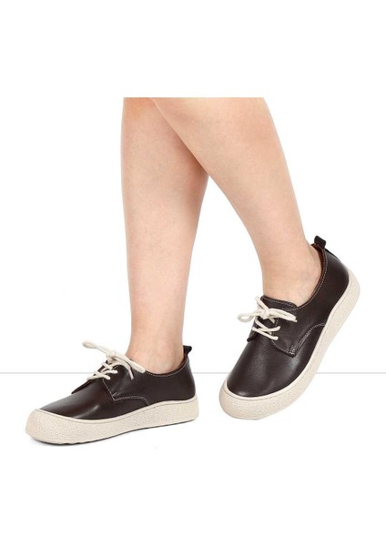 Kadın Kahverengi Bağcıklı Kalın Tabanlı Deri Ayakkabı