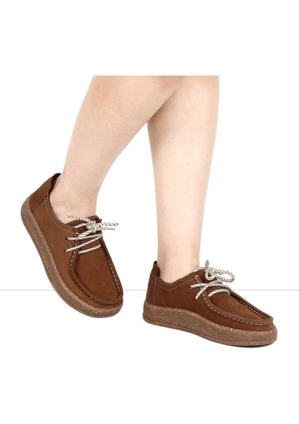 Kadın Kahverengi Bağcıklı Kalın Tabanlı Nubuk Deri Ayakkabı