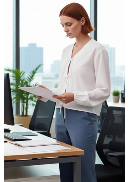 Kareli Bağlamalı Kadın Bluz V Yaka Balon Kol Detaylı Kısa Kesim Dokuma Üst Giyim Günlük Şıklık modelleri