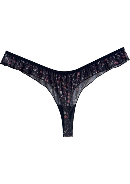 Siyah Çiçek Desenli Tül Kenarları Fırfırlı Tanga Külot