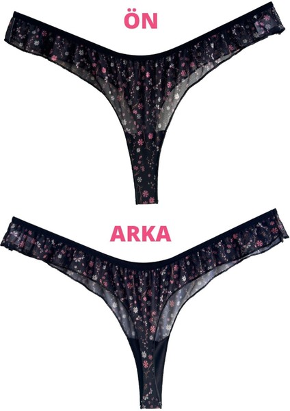 Siyah Çiçek Desenli Tül Kenarları Fırfırlı Tanga Külot fiyatları