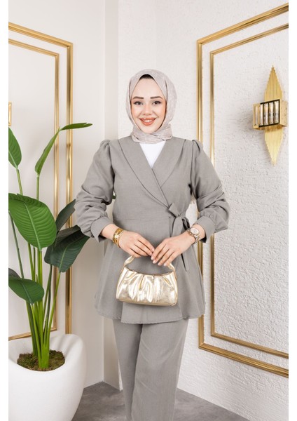 Kuşak Detay Ceketli Poliviskon Takım-Mint