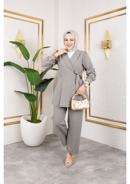 Kuşak Detay Ceketli Poliviskon Takım-Mint fiyatları