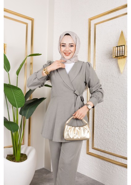 Kuşak Detay Ceketli Poliviskon Takım-Mint modelleri