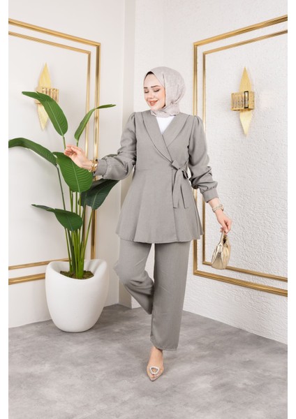 Kuşak Detay Ceketli Poliviskon Takım-Mint fırsatları