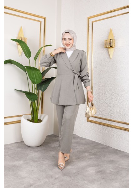 Kuşak Detay Ceketli Poliviskon Takım-Mint indirimleri