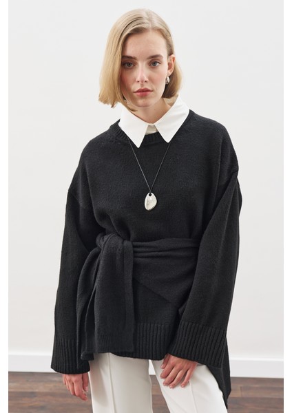 Kare Yaka Bağlamalı Triko Atkı Siyah