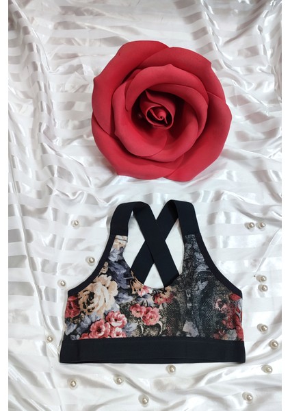 Sırt Detaylı Gri Çiçekli Sporcu Büstiy